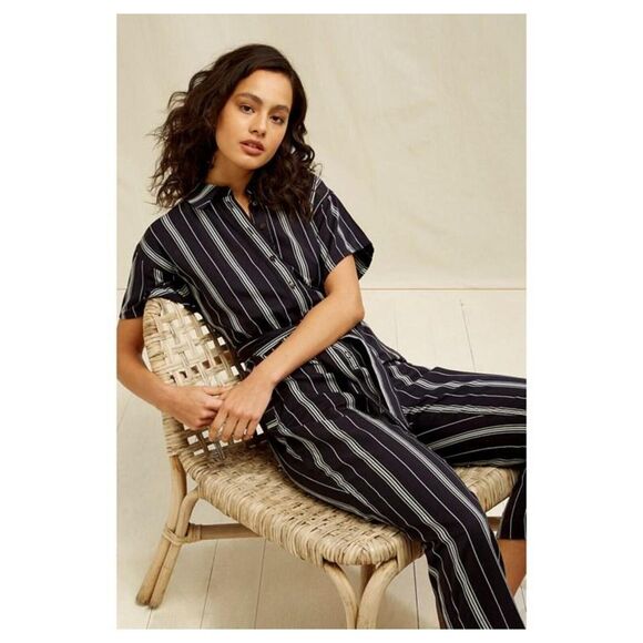 People Tree Organic Cotton Handwoven Jesalyn Stripe Jumpsuit Black $160 sz 8 - Picture 10 of 11